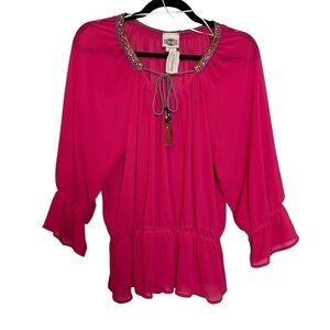 Rods Western Wear Sassafras Chiffon Fuchsia Top w/ Embroidered Neckline Sz.M
